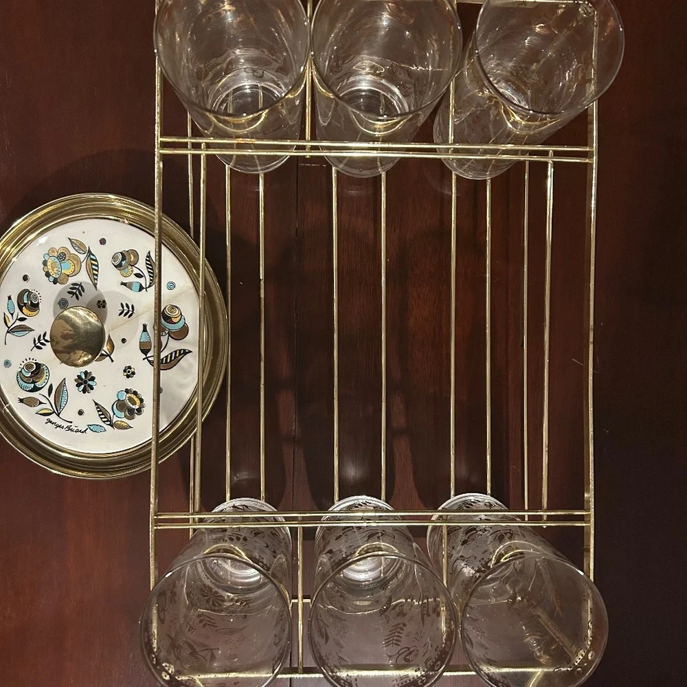 Vintage Georges Briard 6 Glass Drinkware Bar Set Caddy Bucket Top